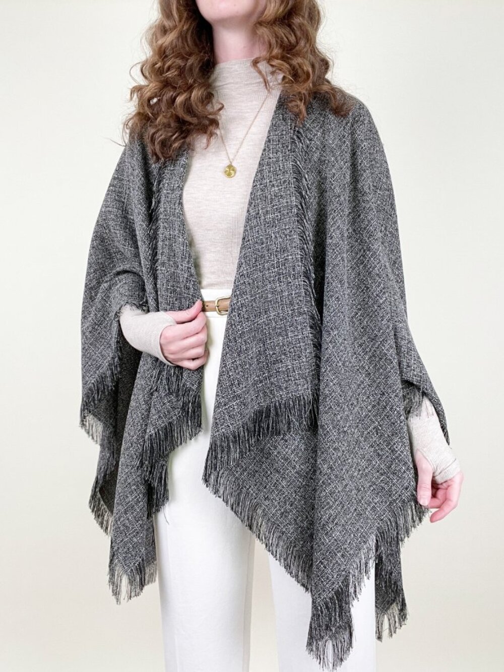 Canadian Designer Shawl Cape Fringe Coat Cardigan Sweater Wrap Minimalist Office